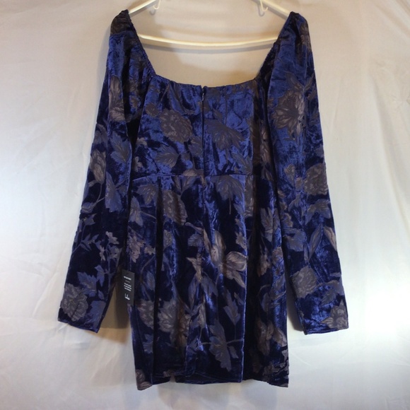 Lulus Velvet Floral Mini Dress L Blue Burnout Velvet, Long Sleeve Bustier - Picture 3 of 8